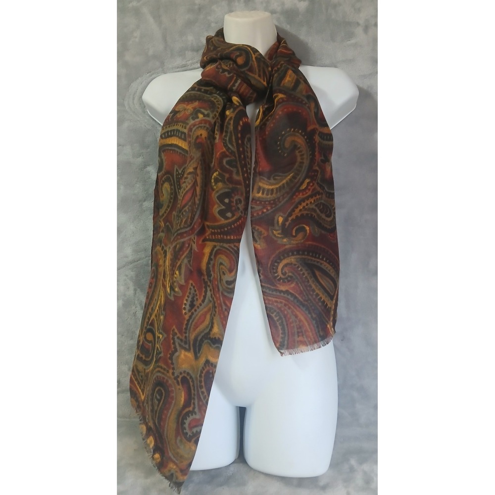 Made in Italy Paisley Scarf Burgundy Gold Green Lightweight Wrap RN 59478 72x19